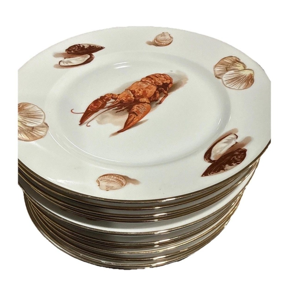 Vintage JK Decor Carlsbad Lobster‎ Seashell Porcelain Plates West Germany Gold